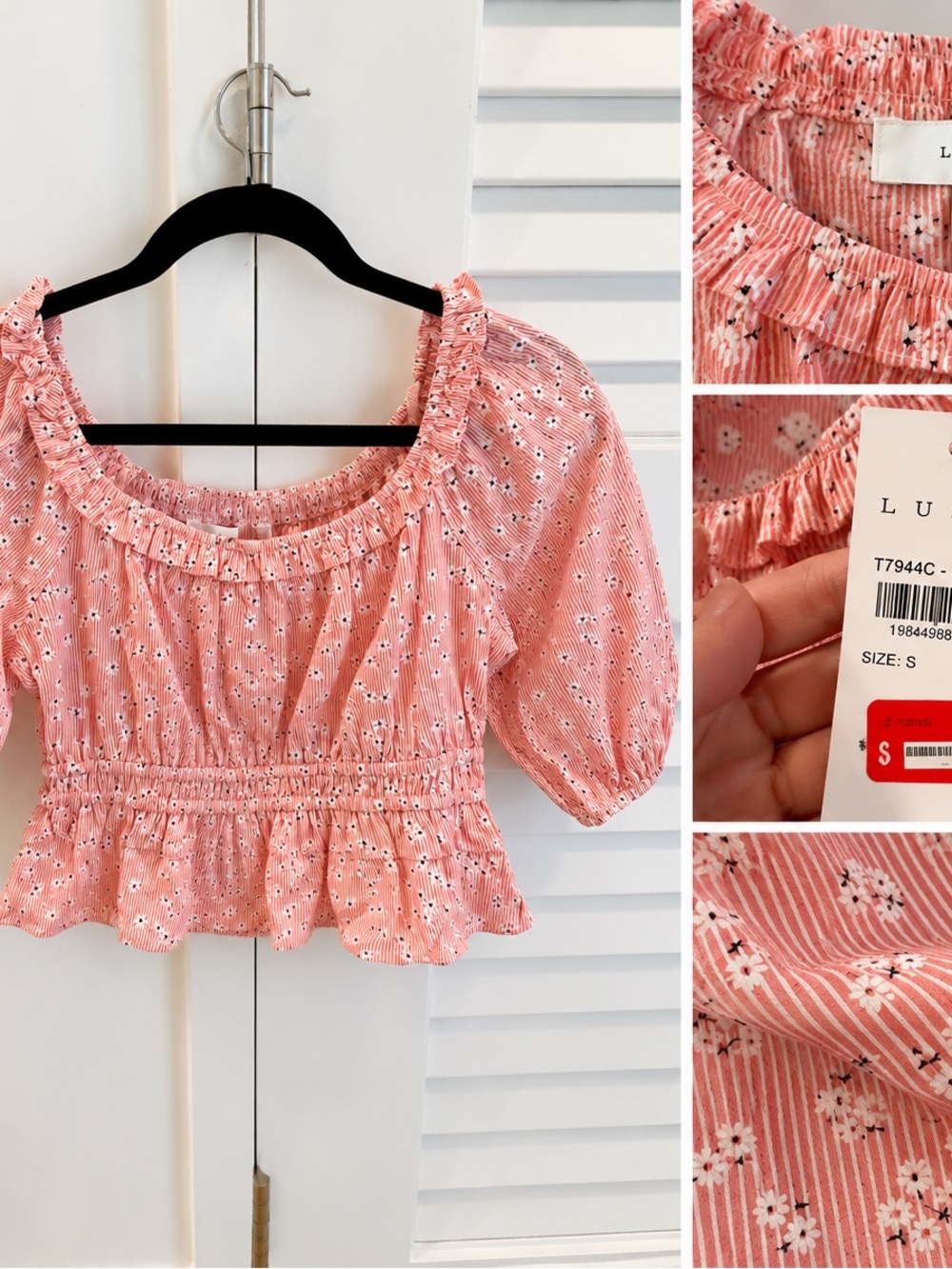 LUSH Pink Floral Striped Puff Sleeve Smocked Crop Top Size S NWT